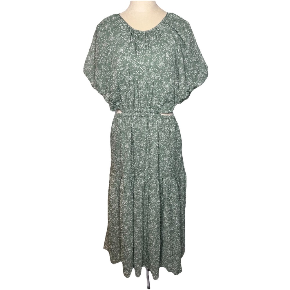 NWT $148 Madewell Womens Dress L Green Floral Cutout Puff Sleeve‎ Cottagecore